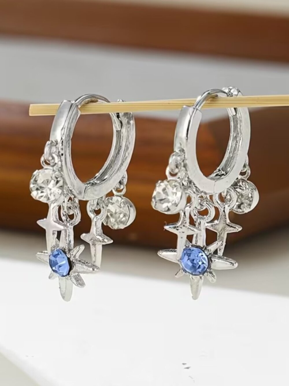 DESIGNER Celestial Star & Starburst Silver Blue/Clear Crystal Hoop Earrings**NEW